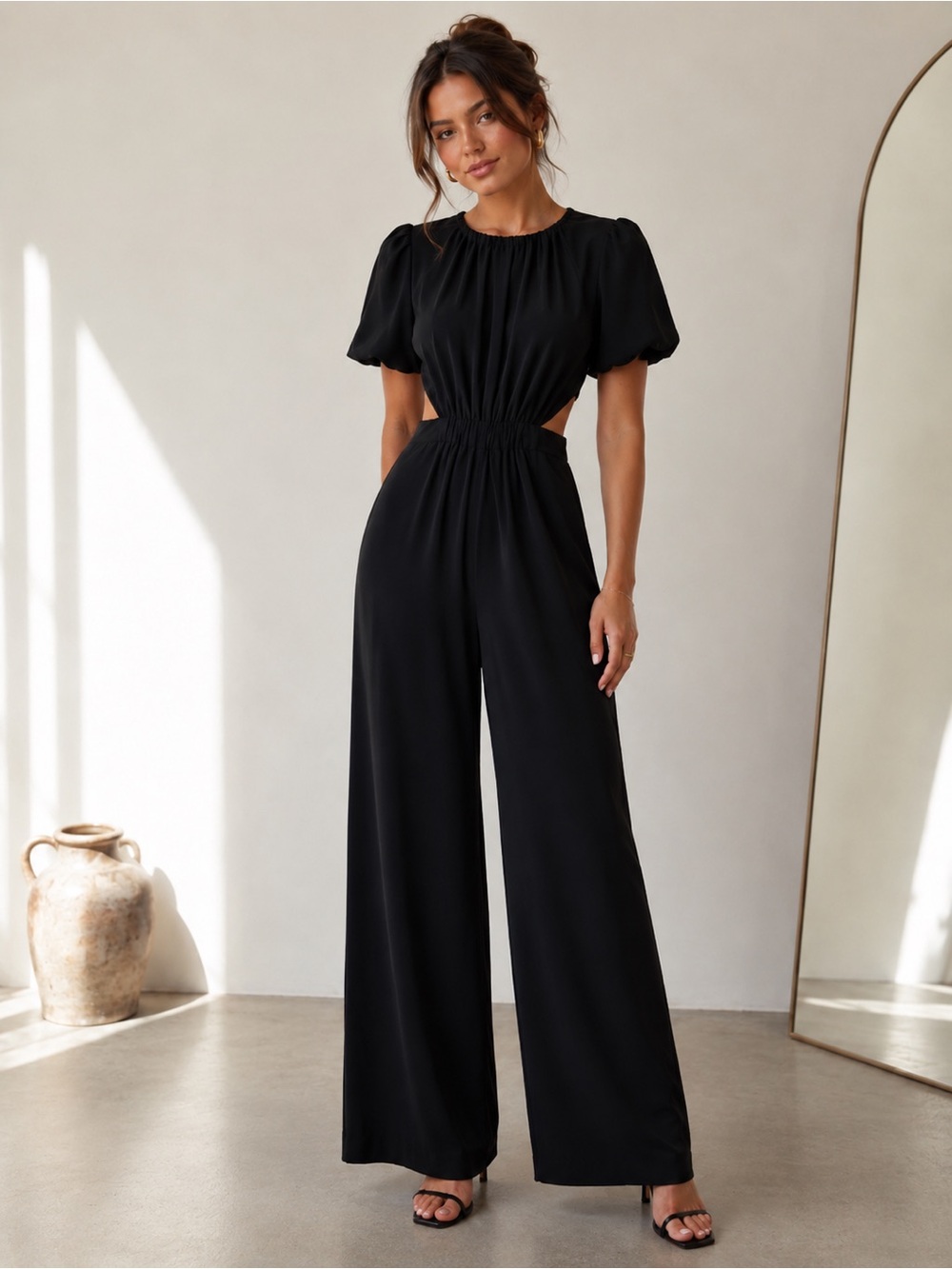 ANTONIO MELANI Black Puff-Sleeve Cutout Wide-Leg Jumpsuit